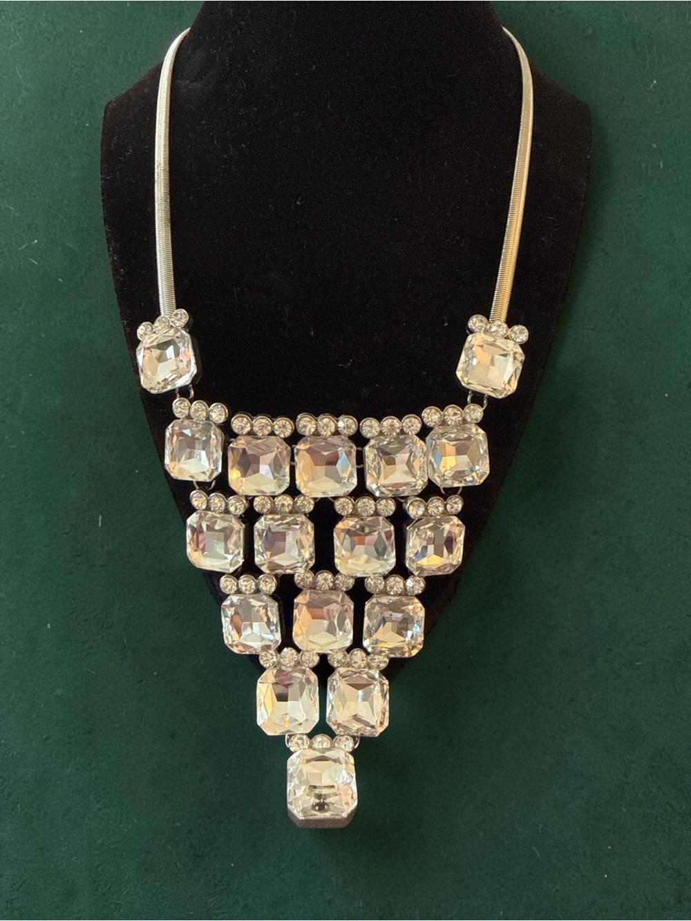 Vintage Silver Tone Rhinestone Statement Bib Necklace | Huge Crystal Glam